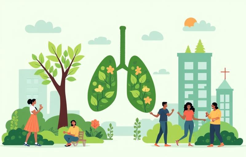 Collage illustrating benefits of urban greening: clean air represented by lungs and leaves, happy people enjoying parks, green spaces thriving in a city.